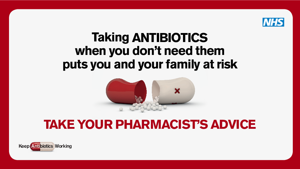 Taking antibiotics when you don't need them puts your and your family at risk. Take your pharmacist's advice.